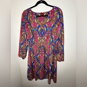 Merona Pink Blue Tan Paisley Cinched Waist Long Sleeve Dress Women’s Size Large